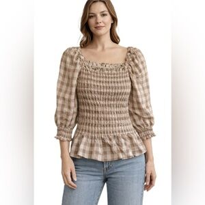 Max Studio Checkered Smocked Blouse in Brown and Cream